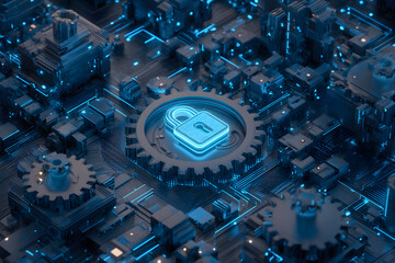 modern conceptual hi tech, mechanical technology cyber security privacy information network concept isometric protection digital network internet link on hi tech blue future background