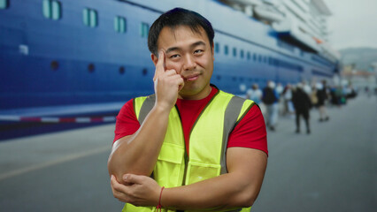 Young man in safety vest smiling confidently at port with a massive ship in the background...