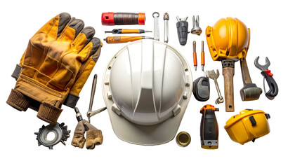 Assortment of construction tools, safety gear, and protective equipment against a black backdrop