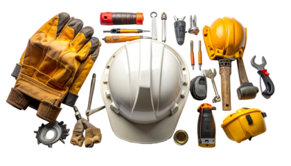 Assortment of construction tools, safety gear, and protective equipment against a black backdrop