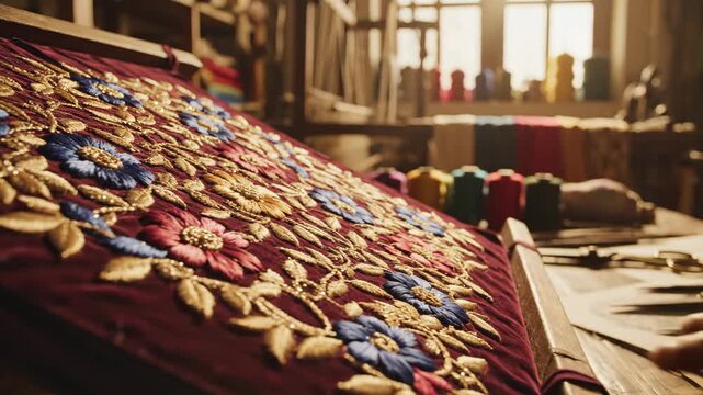 Close-up of Traditional Embroidery Work - A close-up shot showcasing vibrant floral embroidery on a piece of fabric, featuring delicate details and textures.