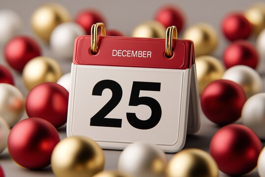 December 25 calendar with Christmas ornaments in red, gold and white