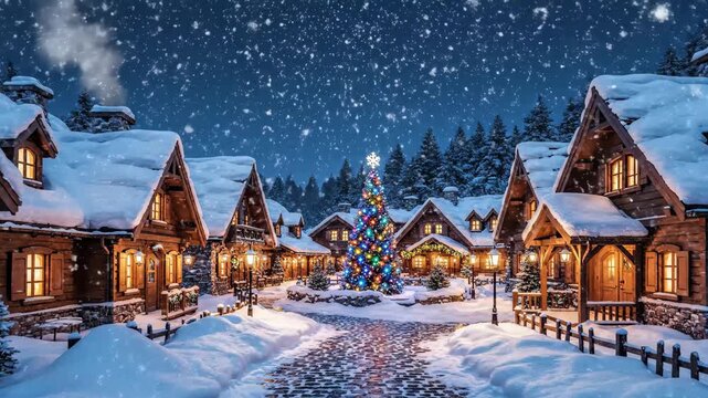 Snowy Christmas Village Scene - This video depicts a charming Christmas village scene at night. The houses are covered in snow, and a brightly lit Christmas tree stands in the center of the village