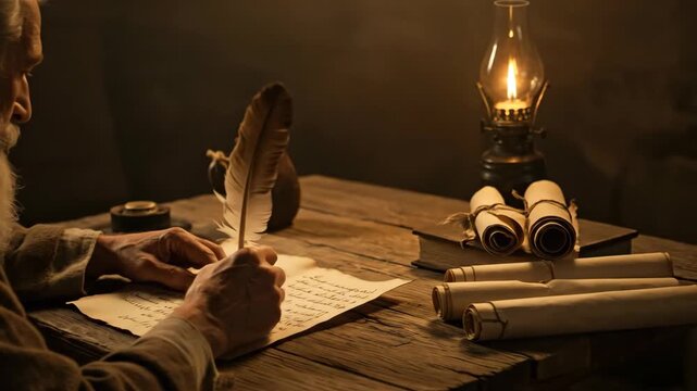 Caucasian man writing on parchment with quill in lamplit ancient setting. Biblical scribe concept for history and scripture.