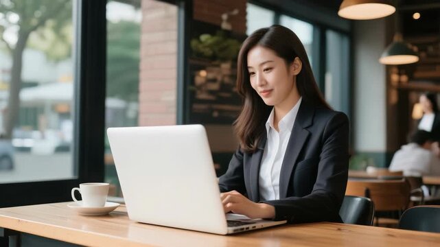 Confident businesswoman using laptop at a cafe, focusing on work and productivity. Modern workspace, technology, and coffee break contribute to a professional and relaxed atmosphere.