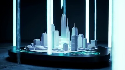 Futuristic City model with dynamically glowing skyscrapers, showcasing advanced urban technology and innovative architecture development. - Powered by Adobe