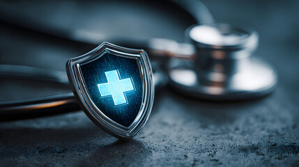A digital shield with a medical cross symbol sits on a stethoscope, representing the importance of protecting patient data and ensuring secure healthcare practices.