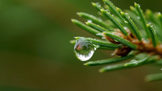 Macro shot of a vibrant green conifer needle with a perfect water droplet