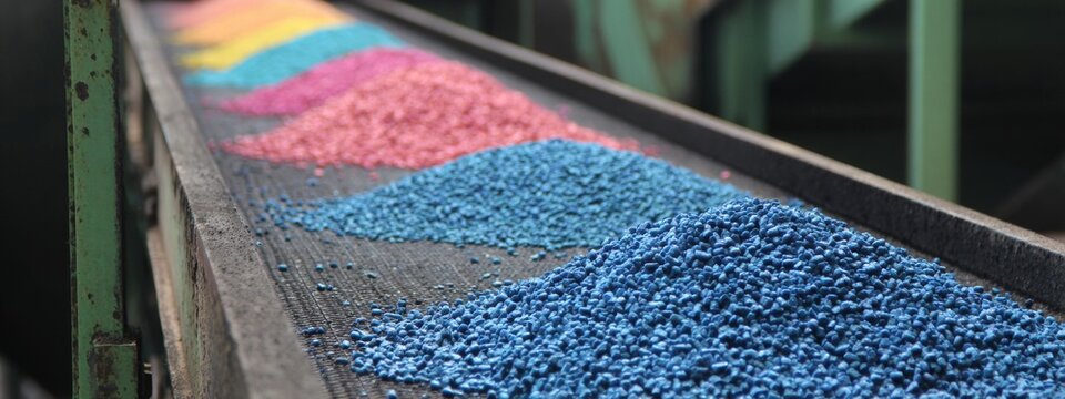 Colorful granules made from recycled plastic are seen moving along a conveyor belt in a recycling facility. The vibrant colors showcase the diversity of materials being processed.