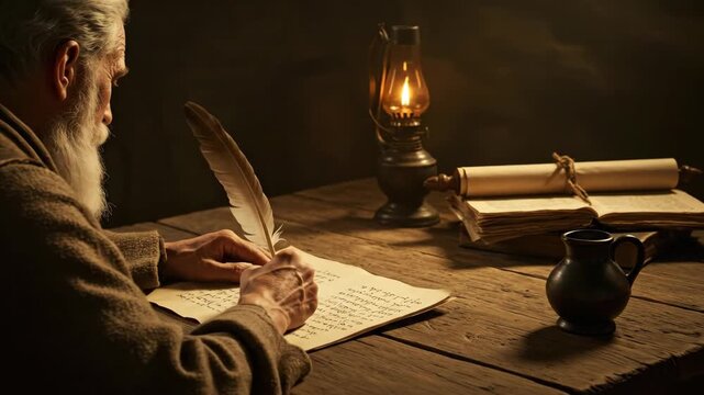 An old man writer transcribes scripture with a quill and ink by lantern light on a wooden table. History of writing concept.
