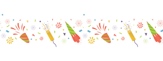 Party confetti, firecrackers border. Holiday, Festive Hand drawn vector illustration. Seamless banner for holiday design, wallpaper, decoration, packaging, fabric, postcards