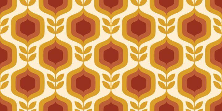 Retro seamless pattern with flowers. Vintage geometric background. Groovy abstract floral vector wallpaper. 70s modern trendy print for fabric and textile.
