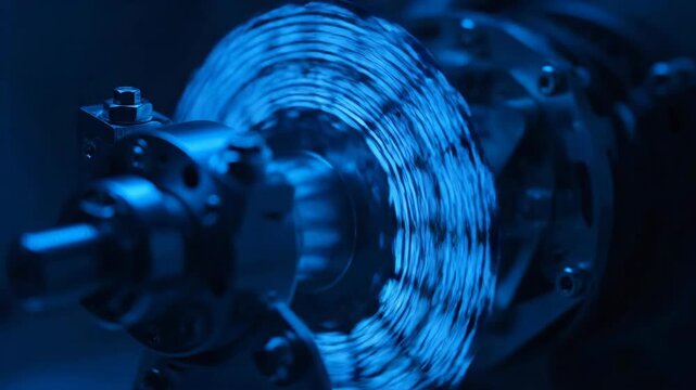 Rotating coil of electromagnet or generator in blue light, showing electrical engineering and mechanics concept, close-up footage