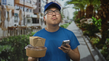 Man holding takeout boxes and smartphone on street, checking order details while glancing up at...