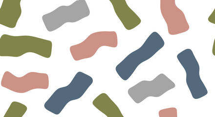 Abstract pattern featuring organic shapes in various muted colors scattered across a white background.