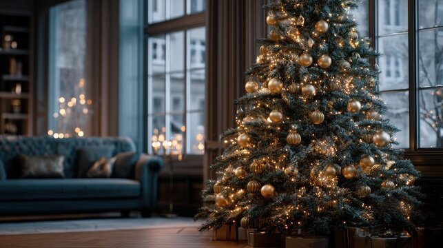 A large Christmas tree with gold ornaments sits in a living room