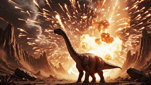 A lone ancient dinosaur stands silhouetted against a sky ablaze with a cataclysmic explosion, capturing the dramatic and devastating end of a prehistoric era on Earth