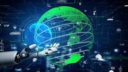 A futuristic robot hand reaches towards a digital globe, symbolizing the intersection of technology and sustainability, highlighting innovation and ecological awareness. Xenic