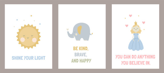 A set for babies with cute posters for a child's room. A baby elephant, a princess, and the sun.