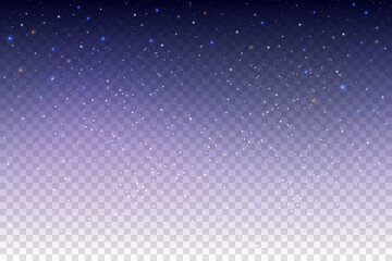 Starry night sky background with transparent effect. Vector galaxy with dust of glitter. Christmas universe with golden particles and magic constellations. Dreamy decoration with shiny sparkles.