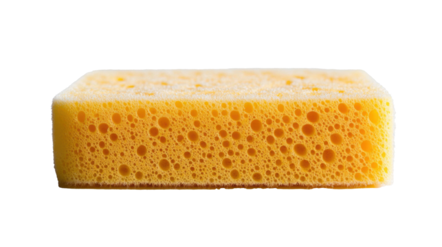 Porous yellow sponge for cleaning isolated on white transparent background
