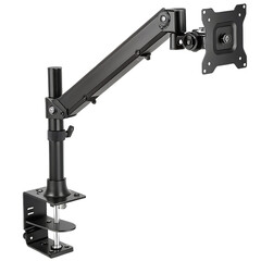 A black monitor arm with a clamp base and vesa mount isolated on a black background in a studio shot