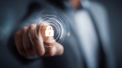 Cybersecurity professional engaging with digital lock interface modern office digital media tech environment close-up perspective