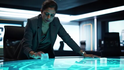 Smart City Innovation: Focused 40s South Asian businesswoman applies technology for urban data planning on a futuristic holographic interactive table in a modern office. - Powered by Adobe