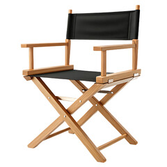 A director's chair with a wooden frame and black canvas seat and back against a black background