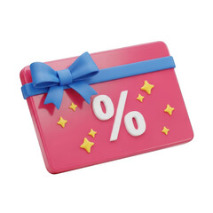 Pink gift card with blue ribbon and percentage symbol isolated on transparent background