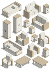 Living room furniture set. Isometric. Isolated on white background. Vector illustration.