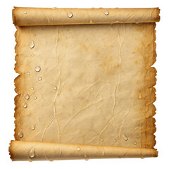 Aged parchment scroll with water droplets and torn edges for fantasy or historical themes and designs