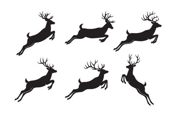 Set of jumping and running deer silhouettes isolated on white background.