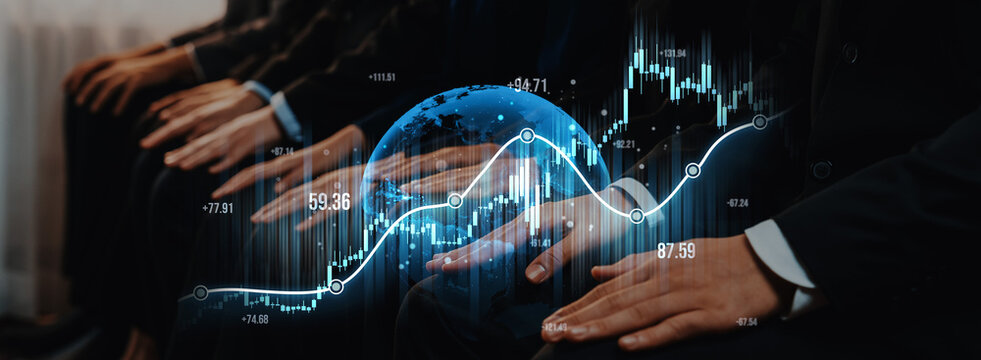 A group of diverse business professionals is engaged in analyzing financial data presented through graphs and digital elements depicting global connections. Scalp