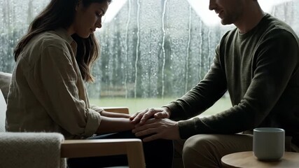 Emotional support from a compassionate man comforting a distressed adult woman by gently holding her hands, offering empathy and strengthening their relationship connection during a moment of sadness - Powered by Adobe