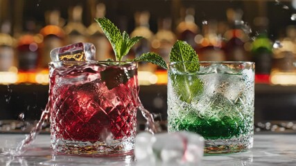 Refreshing Cocktails with Ice and Mint - The video features two elegant crystal glasses filled with colorful cocktails, one red and one green, garnished with fresh mint leaves.