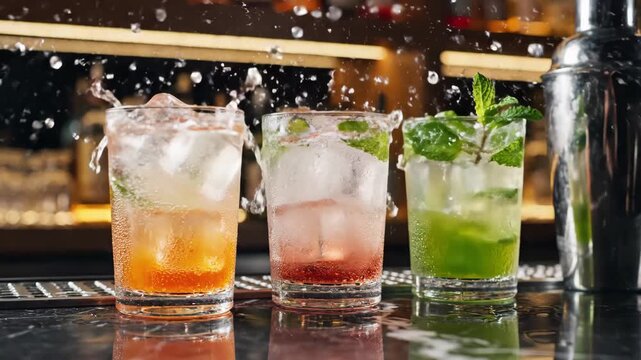 Colorful Cocktails with Splash - Three vibrant cocktails sit on a dark bar surface, each a different color: orange, pink, and green.