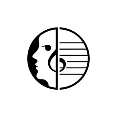 Abstract face and music staff inside a black circle on transparent background