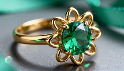 A stunning gold ring featuring a vibrant green gemstone in a floral design, showcasing elegance and luxury.
