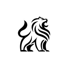 Stylized black and white image of a roaring lion on transparent background