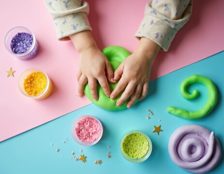 Young childs hands mold green modeling clay. Colorful plasticine and glitter bits surround creative play. Little kid makes toy shapes on table. Fun activity develops fine motor skills.
