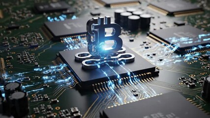 Digital Currency on Circuit Board - An artistic video of a digital currency symbol, a , sitting on a computer processing unit. - Powered by Adobe