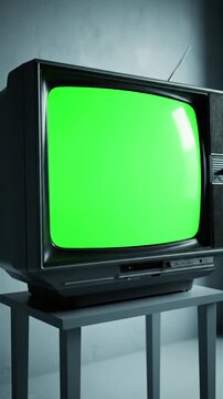 Production Element with vintage 80s tv green screen iron tone ready to replace any footage or picture you want distortion, overlay, glitch, static noise, scan lines on black background, 4k animated