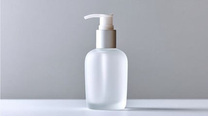 Frosted glass pump bottle with minimal design, clean white background, no logo, elegant modern shape