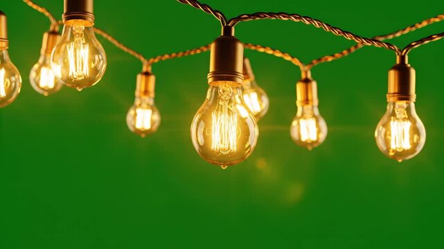 String Lights on Green Background - A string of Edison-style lights hangs against a solid green backdrop. The warm glow of the vintage bulbs creates a cozy and inviting atmosphere.