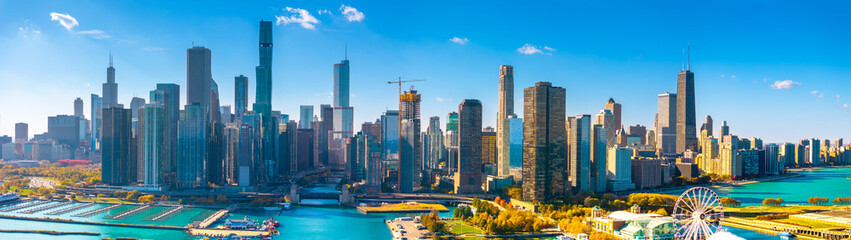  Aerial Panoramic of Downtown Chicago Illinois Skyline with Iconic Skyscrapers and Lake Michigan” November 2025 