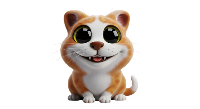 A delightful 3d rendering of a cartoon cat with big, expressive eyes, a charming smile, and a playful pose, isolated on transparent background a cute and endearing character design