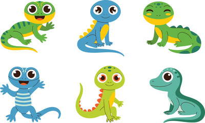 Colorful Cartoon Lizards and Geckos – Cute Vector Set of Expressive Reptiles with Unique Poses for Kids, Education, and Decoration
