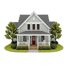 Detailed architectural model of a charming two story farmhouse with a porch isolated on transparent background