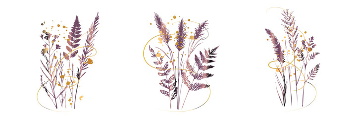 Elegant violet and gold botanical grasses and ferns in modern minimal vector style.